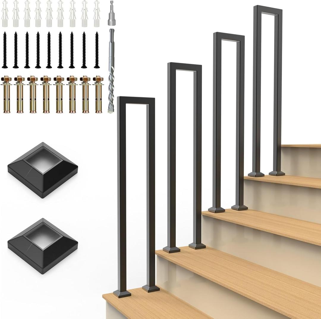 U-Shaped Staircase Handrails for Outdoor & Indoor Steps, Industrial Hand Rail Floor Mounted, Non-Slip Wrought Iron Railing for Porch, Loft, Corridor, Garden (Height: 33.5in) (1 Piece/Set)