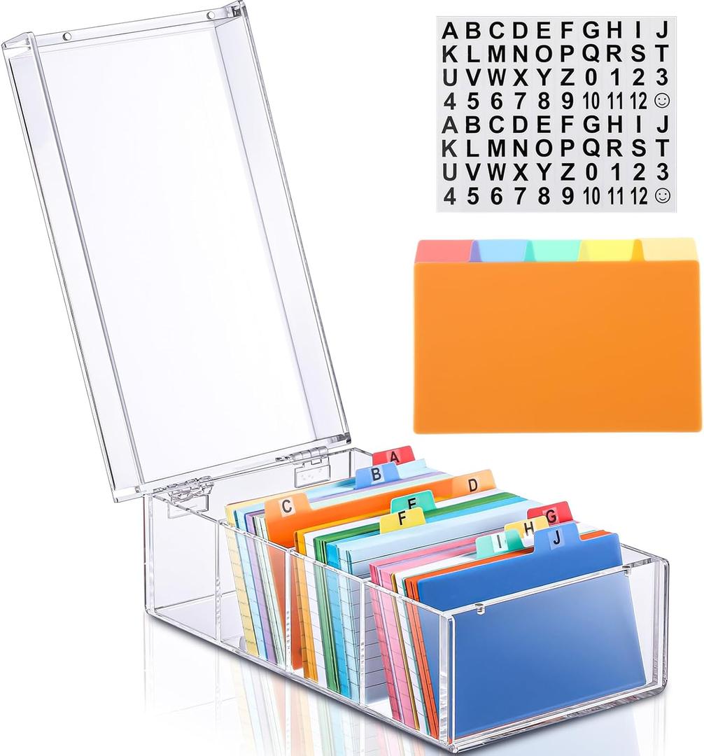 Index Card Holder Clear Acrylic Card Organizer 50 Pcs Divider Sheets for Desk File Note Holders, 4 Compartments Holds 600 Cards(3 x 5 Inch)