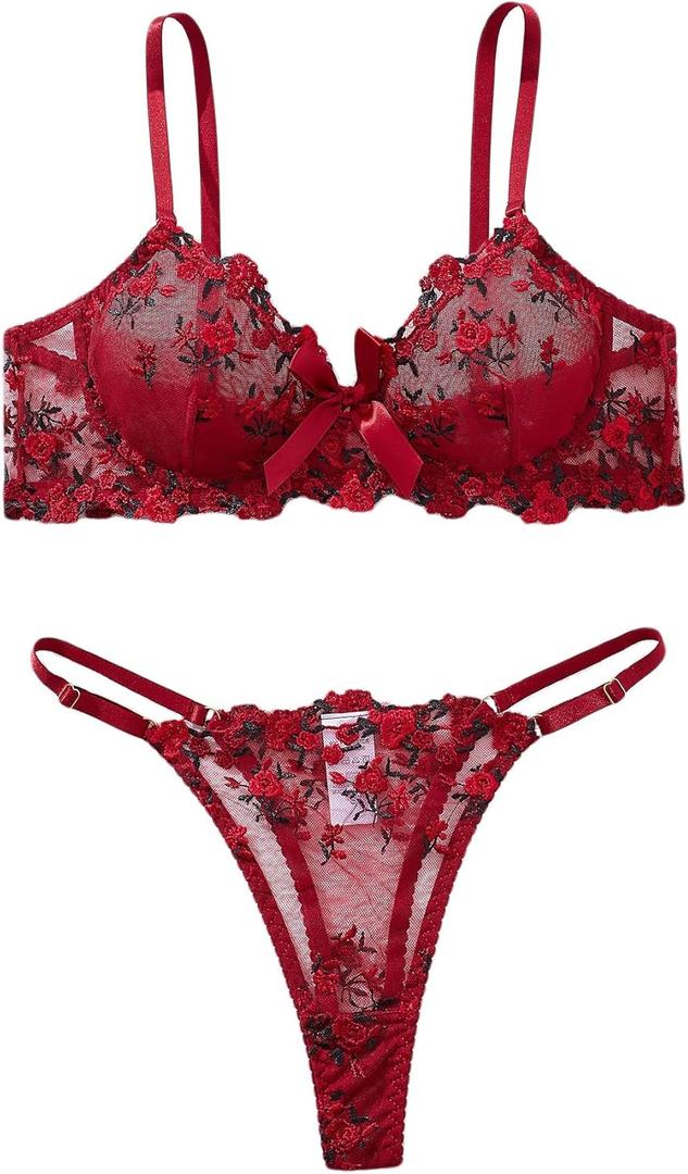 Sexy Floral Embroidered Flower Mesh Underwire Push Up Lingerie Set (Medium, Bow Wine Red)