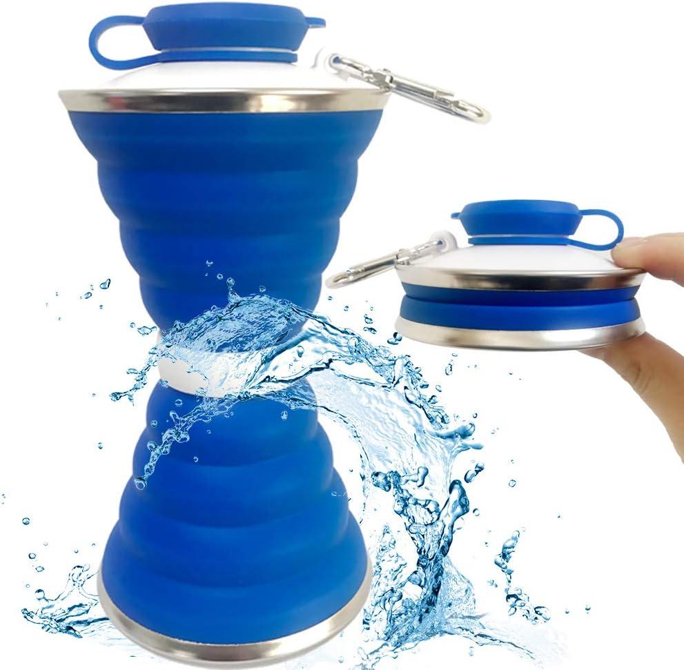 Collapsible Water Bottle, Camping Cup With Carabiner, Reuseable Silicone Foldable Leak Proof Portable Sports Travel Water Bottles For Outdoor, Travel Gym Hiking, BPA Free, Cycling Cups with Carabiner (Blue)