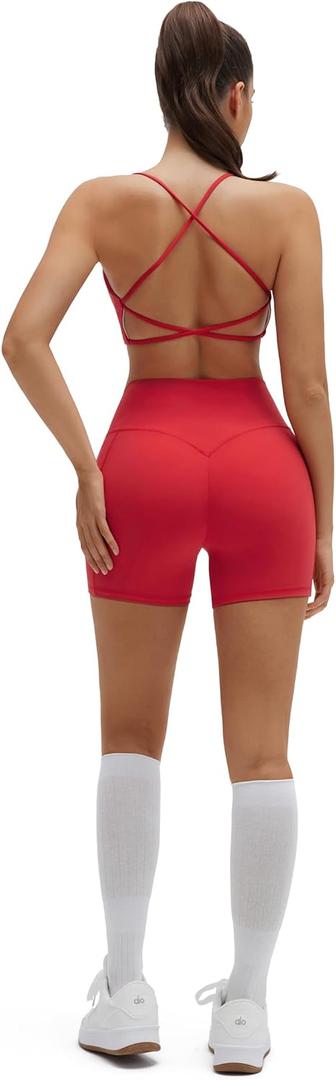 SUUKSESS 2 Piece Workout Sets for Women Open Back Sports Bra High Waist Biker Shorts with Pockets Scrunch Booty Lift Gym Sets (Red, M) (Red, M)