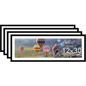 JCJMY 12x30 Picture Frame with 9x27 Mat Set of 4, Display Photo 9x27 with Mat or 12 x 30 Without Mat, Wall Hanging Large 12 by 30 Poster Frame with Plexiglass, 4 Pack, Black