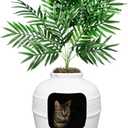 Good Pet Stuff Hidden Litter Box Planter, Decorative Cat Litter Enclosure with Carbon Filter, Artificial Plant, Easy Clean, Indoor Design, Original Round Style, Base Kit, White Birch