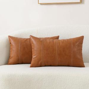 Set of 2 Faux Leather Lumbar Decorative Throw Pillow Covers 12x20 Cognac Brown Modern Farmhouse Boho Small Accent Rustic Home Decor Rectangle Cushion Cases for Couch Bed Sofa Living Room