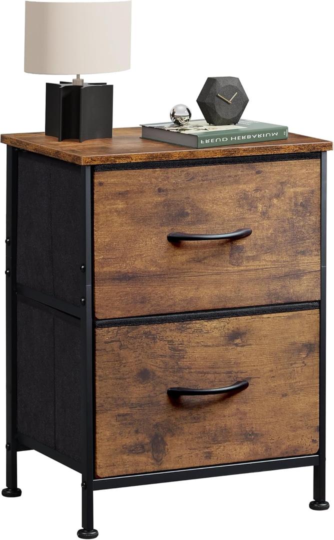 WLIVE Night Stand, Small Dresser with 2 Drawers & Wooden Top, Nightstand with Fabric Bins, Bedside Table End Table for Bedroom, Closet, Entryway, College Dorm, Rustic Brown (1 Piece)