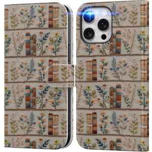 DEENAKIN for iPhone 15 Pro Wallet Case with Card Holder + Cash Clip, RFID-Blocking, Military-Grade Drop Protection & UV-Printed Artwork, Magnetic Closure with Leather Kickstand - Floral and Book