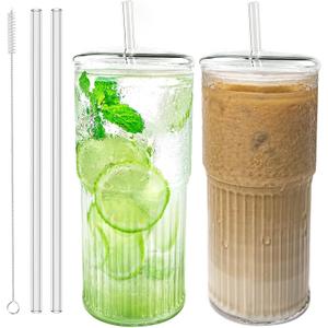 Luiaiog Glass Cups with Lids and Glass Straws, High Borosilicate 20OZ Tumblers (2Pcs) for Coffee, Tea, Juice, Smoothies, Hot/Cold Drinks at Home, Office