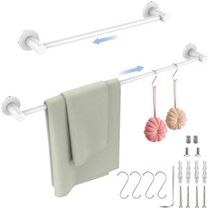 Adjustable Single Bath Towel Bar 16 to 27.6 Inch, ZUEXT Oil Rubbed White Stainless Steel Towel Holder Hanger,Expandable Wall Mount Towel Rail for Bathroom Kitchen,1" Tube Towel Rail Racks w/Hooks