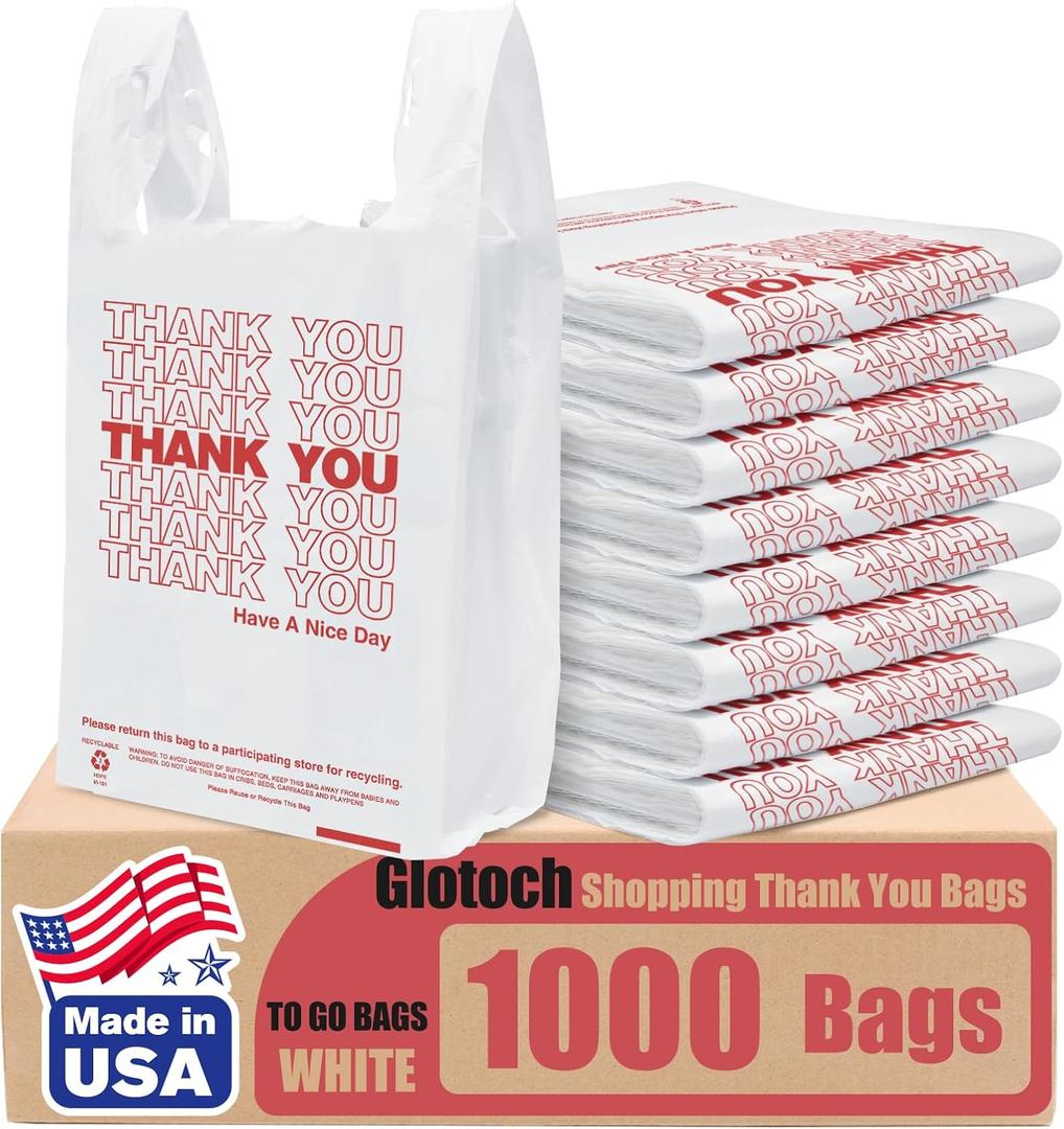 Glotoch Plastic Thank You Bags 1000 Count, 12" x 6.5" x 21" White Grocery Bags with Handles for Restaurant, Retail, Grocery Store, Takeout, Convenience Stores, T-shirt Shopping Bag in Bulk