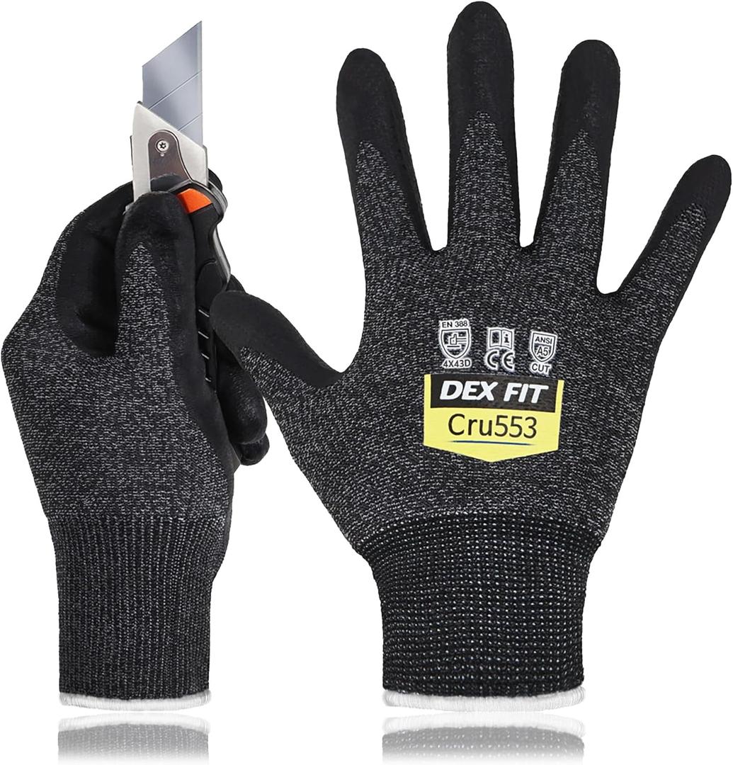 Level 5 Cut Resistant Gloves Cru553, 3D-Comfort Stretchy Fit, Power Grip, Professional Grade, Thin, Touch-Screen Compatible, Durable, Machine Washable; Black Gray S (7) 1 Pair