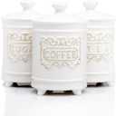 25DOL 35 Ounce Elegant Ceramic Kitchen Canisters Set of 3 - Beautifully Engraved Coffee Tea Sugar Storage Containers Airtight with Feet for Added Style and Stability - Ceramic Jar with Airtight Lid
