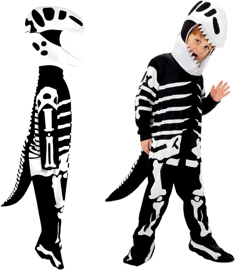 Halloween Dinosaur Skeleton Costume Dinosaur Jumpsuit white Skeleton Onesie Pajamas (Medium)
