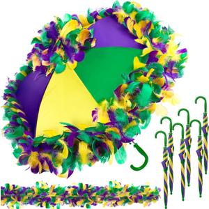 6 Pcs 34.25 Inch Mardi Gras Umbrella Purple Green Yellow Second Line Umbrella with Feather Accent Second Line Parasol for Women Masquerade Costume Outfit Party Favors