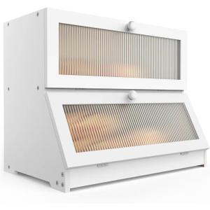 Bread Box for Kitchen Countertop: Bamboo Bread Storage Container for Homemade Bread, 2 Layer Breadbox, Large Bread Keeper Holder, White