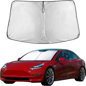 EcoNour Windshield Sun Shade Compatible for Tesla Model 3 & Model Y 20172026 | Custom Fit EV Front Window Sunshade | Foldable Heat & UV Reflective Sun Visor
