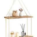 Mkono Macrame Hanging Shelf Boho Wall Decor 2 Tier Handmade Cotton Rope Rustic Wood Floating Shelves Display Photos Plants Hanging Storage Shelving for Living Room Nursery Bathroom Bedroom