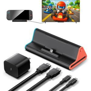 Switch 2 Dock with 60W Charger & HDMI Cable, 4K Portable Docking Station for Nintendo Switch2 Console, Travel TV Connector Stand Base, USB-C Charging Cable, AC Adapter Power Cord, Game Accessories Set