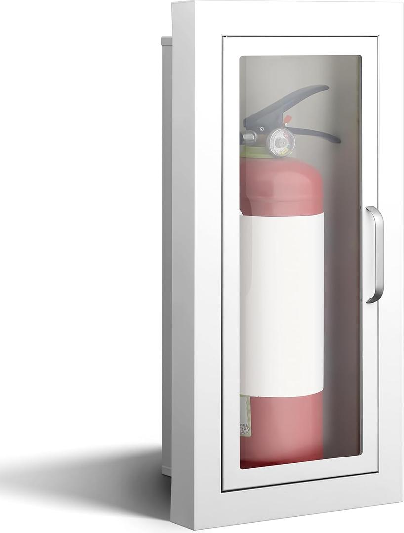 Zonon 1 Pcs Semi Recessed Fire Extinguisher Cabinet White Industrial Architectural Wall Cabinet, Door with Handle Version for 10 Pound Dry Chemical Fire Extinguisher