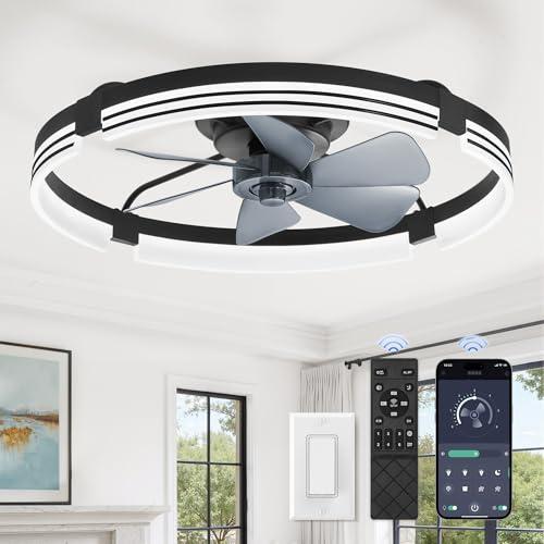 ZMISHIBO 24 Inch Low Profile Ceiling Fans with Lights and Remote, 3000K-6000K Dimmable Fandelier LED Fan Light, Flush Mount Ceiling Fan with Light, 6 Wind Speeds Ceiling Fans for Bedroom- Black