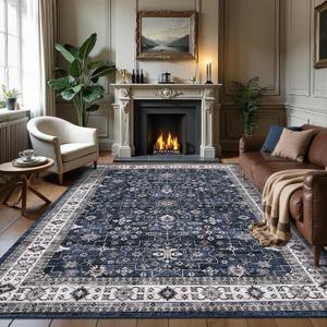 GarveeHome Navy Area Rugs 8x10 for Living Room, Vintage Tribal Large Washable Rug Soft Non Slip Backing Floor Mat Carpet Indoor Thin Accent Rug for Bedroom Dining Room Playroom Nursery Home Decor