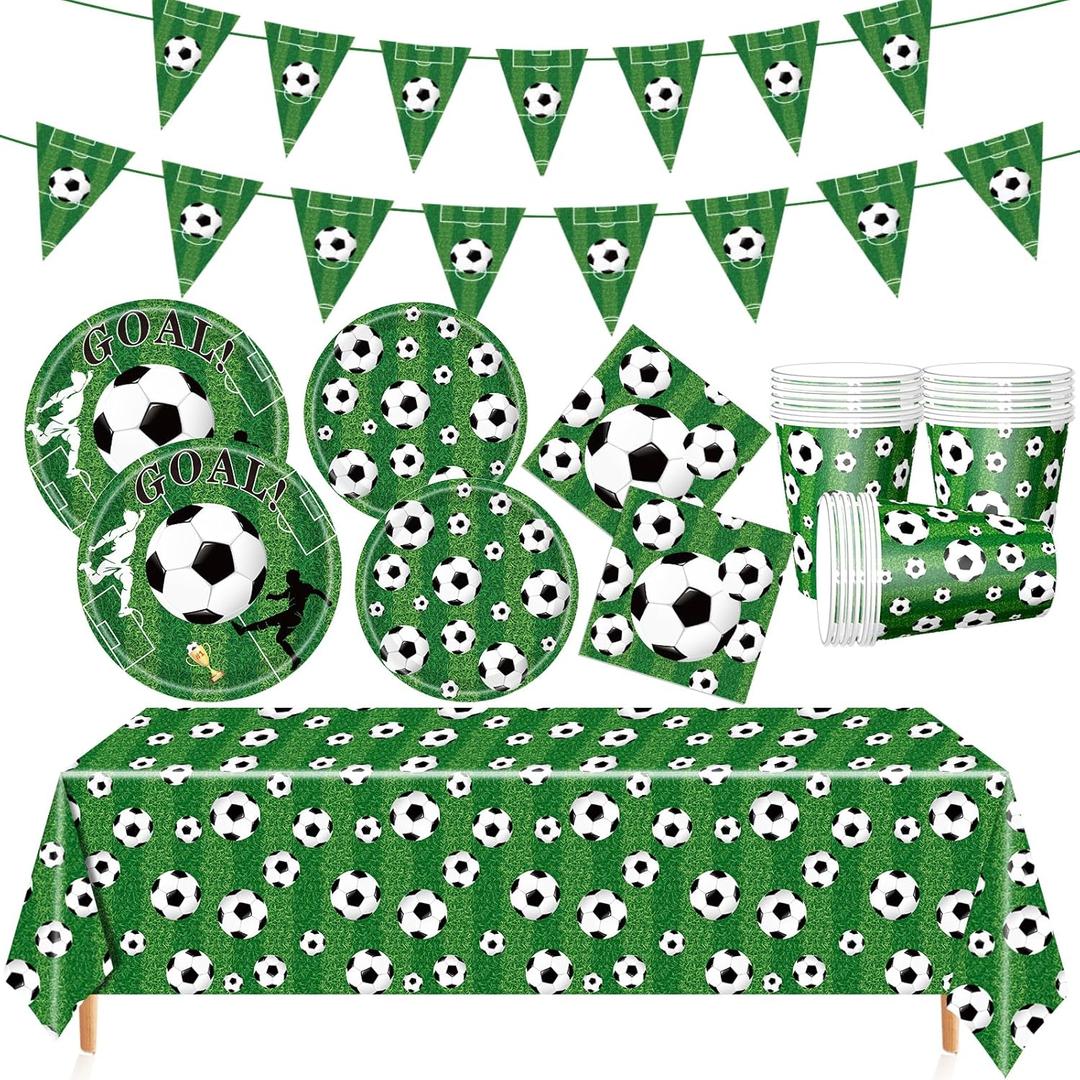 Soccer Birthday Party Decorations Includes Plates Napkins Banner Cups Tablecloth for Soccer Sports Theme Birthday Party Decorations, Serve 20