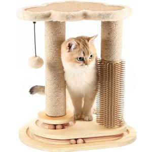 Made4Pets Cat Scratching Post, Cat Self Groomer for Indoor Cats, Cloud Soft Perch for Rest, 17.5" Tall Natural Sisal Scratcher Cat Grooming Interactive Ball Track Toys for Small Cats Kittens