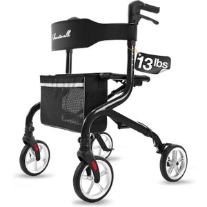 PLANET WALK Super Lightweight Rollator Walker for Seniors, Foldable Rolling Walker with Seat and 8" Rubber Wheels for All Terrain, Unique Design Aluminium Frame Sturdy Walkers for Traveling - Black
