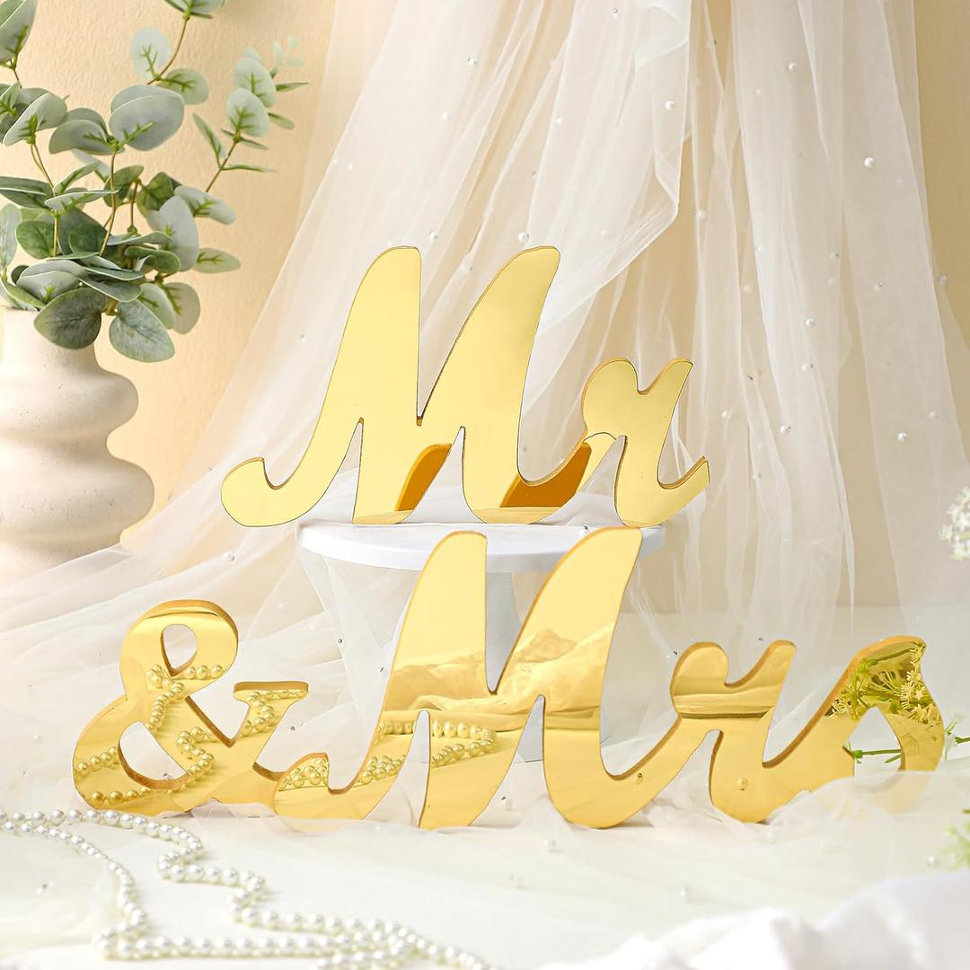 Yuntau Mr & Mrs Sign with Arylic Mirror Wooden Freestanding Letters Sweetheart Table Decorations & Photo Props for Wedding Anniversary Parties Photo Props, Rustic Shower Gift(Gold)