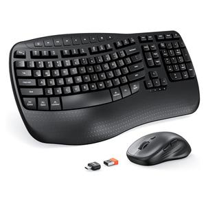 MEETION Ergonomic Keyboard and Mouse Wireless Combo, Wave Keys Natural Typing, 2.4G USB Receiver Wireless Keyboard with Wrist Rest, 4 Adjustable DPI Optical Mouse, Computer/Laptop/Windows/Mac, Black