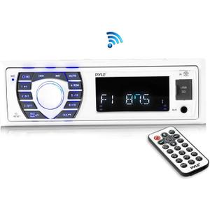 Pyle Bluetooth Marine Receiver Stereo - 12v Single DIN Style Boat In dash Radio Receiver System with Digital LCD, RCA, MP3, USB, SD, AM FM Radio - Remote Control, Wiring Harness - PLRMR23BTW (White)