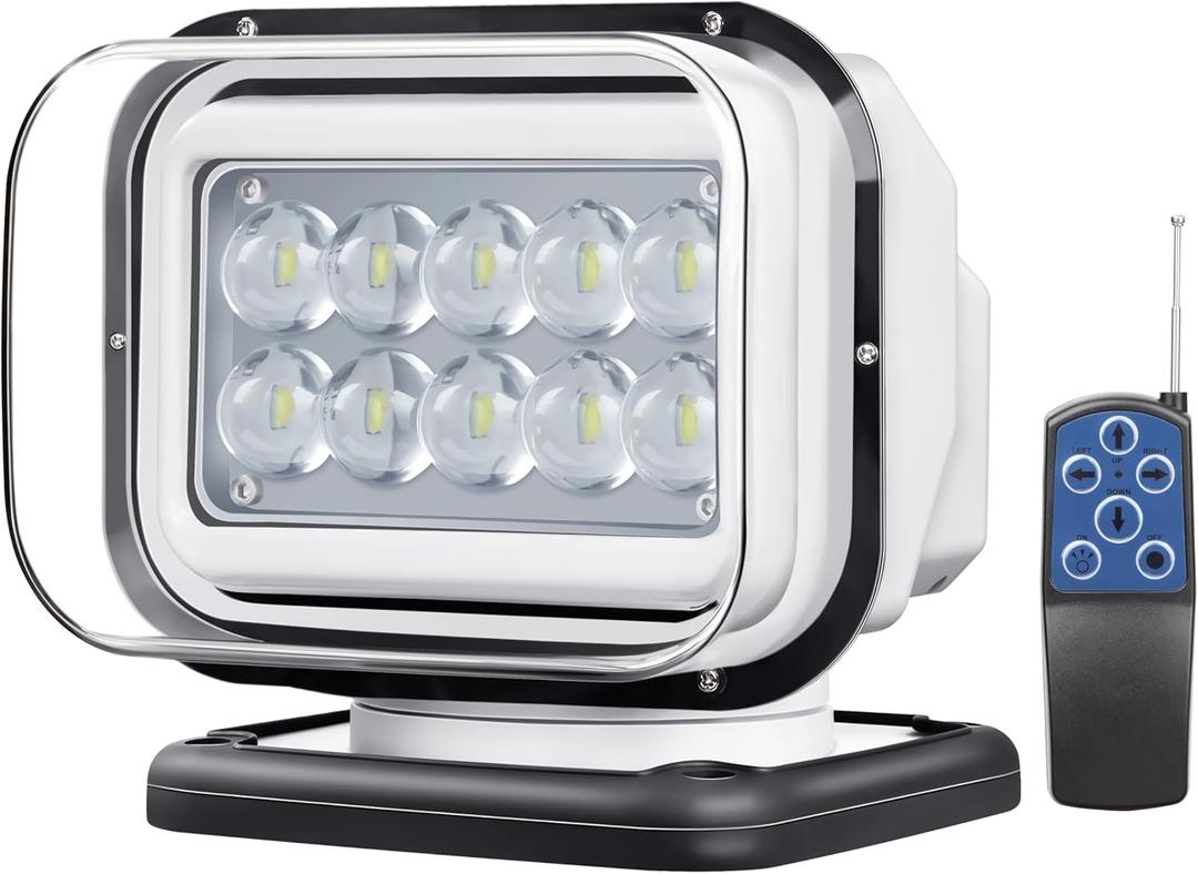 Remote Control LED Search Light, 50W 5000lm LED Spotlight for Truck Boat Marine Searching 360 Rotating, Auxiliary Searchlight Spot Light 12V 24V, 6 Powerful Magnets Built-in (White)