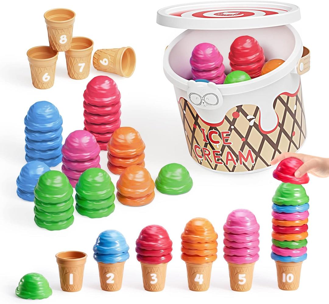 JoyCat Ice Cream Preschool Learning Activities Counting and Color Sorting Set Stacking Toy for Kids 3-5, Educational Fine Motor Skill Math Manipulative, 65PCS Play Food for Girl Toddler Christmas Gift