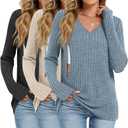 Oakgarden 3 Pack Women's Maternity Nursing Tops, V Neck Breastfeeding Sweaters Long Sleeve Hidden Zipper Shirts (Medium, Black, Apricot, Blue)