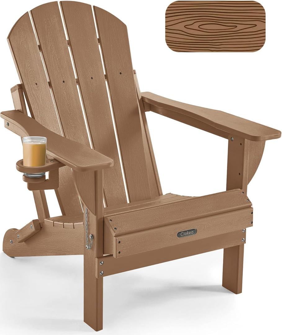 Ciokea Folding Adirondack Chair Wood Texture, Patio Adirondack Chair Weather Resistant, Plastic Fire Pit Chair with Cup Holder, Lawn Chair for Outdoor Porch Garden Backyard Deck (Teak)