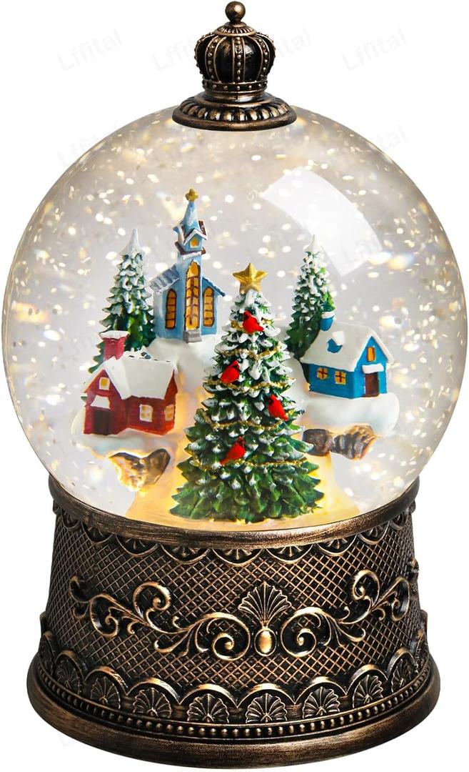 Christmas Snow Globes Village Snow Globe Lantern, Lighted Christmas Decorations Indoor for Home with Music Timer Glitter, Mountain Church, Musical Festival Gifts, USB & Battery Operated