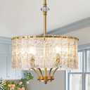 Gold Glass Light Fixture 18in Gold Drum Chandelier 6-Light Crystal Glass Ceiling Pendant Light Fixture with Adjustable Chain for Kichen Island Dining Room Bedroom
