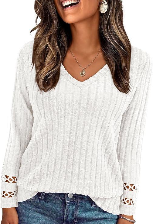PRETTYGARDEN Women's Long Sleeve Shirts Ribbed Knit V Neck Tee Dressy Casual Blouses Going Out Tunic Tops 2026 Fall Outfits, (White, Large)