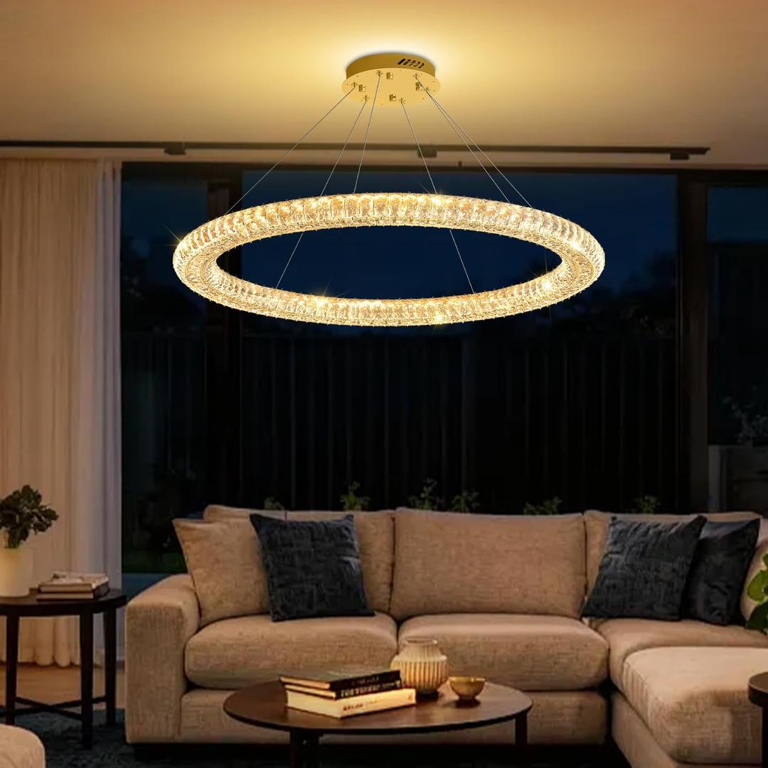 Modern Gold Ring Chandelier Dimmable LED 31.5" Round Crystal Pendant Light Ceiling Fixtures for Dining Room Living Room