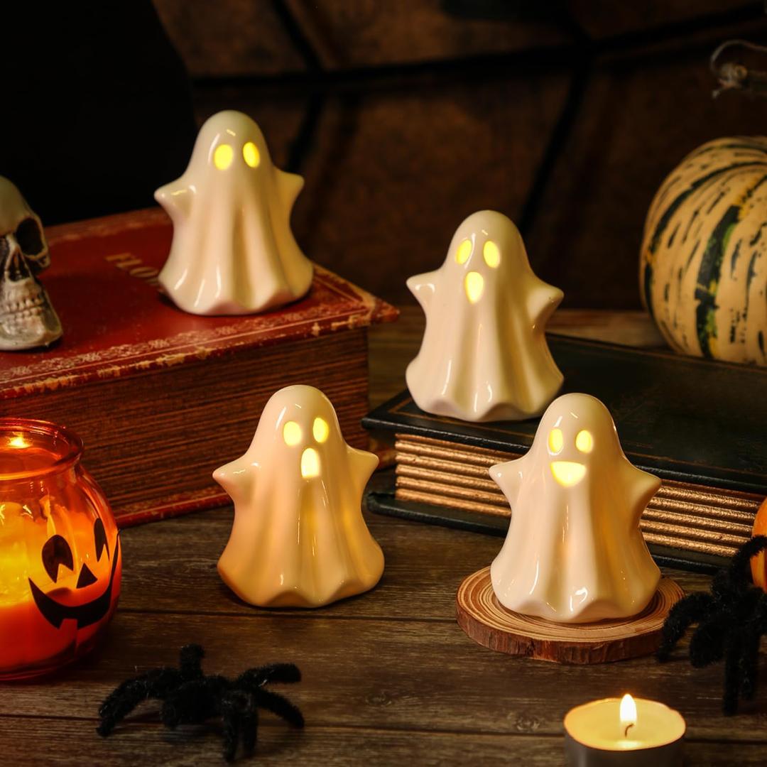 4PCS Ceramic Ghost Light Up Decor, Cute Ghost Halloween Decor, Small White Ghost Figurine Timer Led Ghost Figurines for Desk Tabletop CenterpiecesHalloween Decoration Indoor