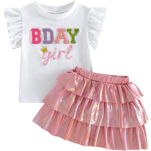 Toddler Baby Girl Birthday Outfit Birthday Girl Embroidery Shirt T-shirt Layered Ruffle Skirt Summer Clothes (White, M)