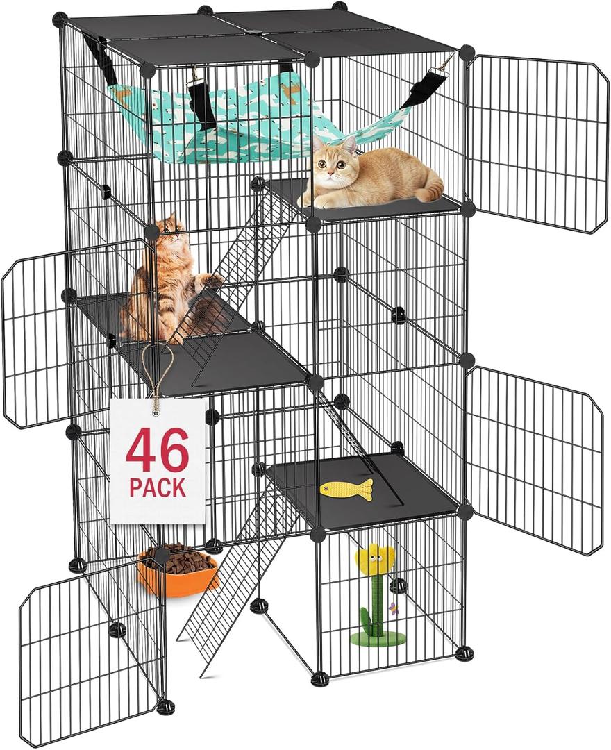 Cat Cage, 4-Tier DIY Cat Enclosures Catio, Cat Playpen Indoor & Outdoor with Hammock, Detachable Metal Wire Kennel Cats Crate, 2x2x4 Exercise Place for 1-3 Cats/Kitten