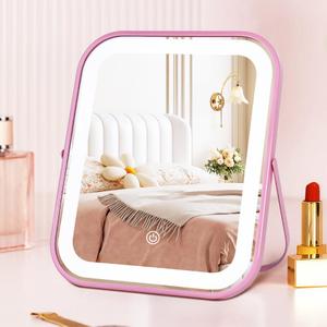 Pink Rechargeable Vanity Mirror with Lights, LED Makeup Mirror, 10"8" Lighted Makeup Mirror with Lights, Smart Touch Control Dimmable 3 Modes Light, Lighted Up Mirror for Makeup Desk, Bedroom
