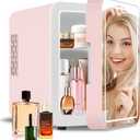 4-Liter Pink Portable Mini Fridge for Skincare Beauty Cosmetic Makeup With Mirrored Door and Dimmable LED Light