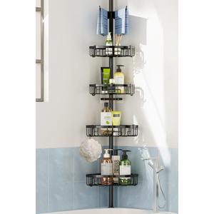 Coonoor Corner Shower Caddy Tension Pole - 62-115 INCH - 4-Tier Rustproof Bathroom Organizer Shelves, Adjustable Bathtub Tub Shampoo Storage (Black)