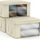 Sorbus Medium Clothes Storage Bags - Foldable Blanket Storage Bins for Organizing Bedroom, Closet, Clothing, Comforter, Organization with Clear Window, Lids and Carry Handles - Set of 3 (3 Pack Large, Beige)