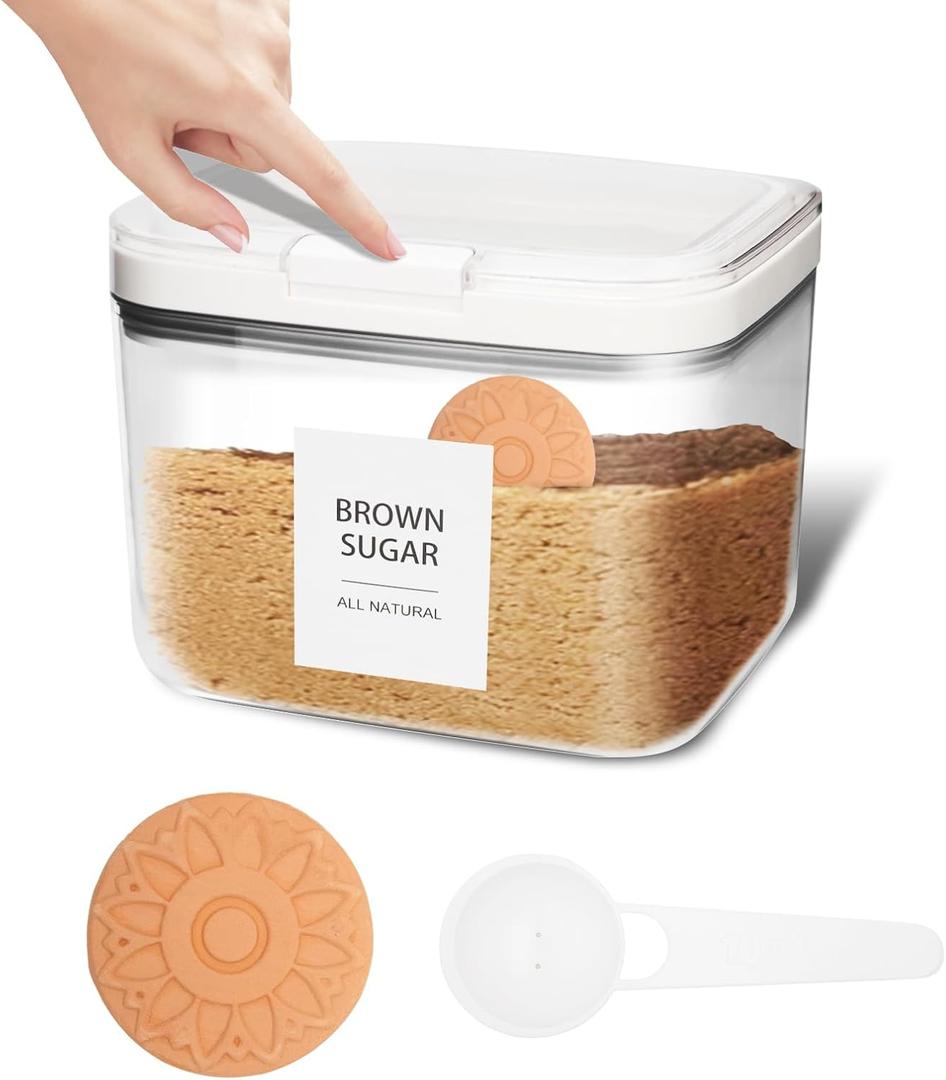 Brown Sugar Container Airtight, Brown Sugar Keeper Storage Container with Spoon and Terracotta Savers for Softening, Stackable One-Touch Opening 1.3Qt(42Oz/1.2L)