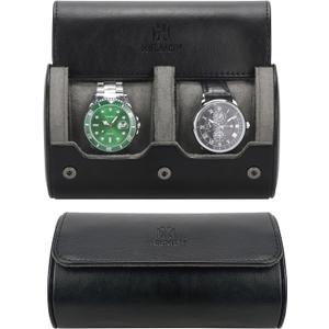 Travel Watch Case - Two Watch Roll Storage Box Organizer for Men's Women's Wristwatches & Smart Watches up to 50mm (Black / 2 Slot)