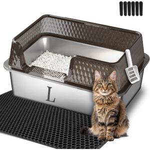 Suhaco Medium Stainless Steel Litter Box Side Entry High Sides Deep Metal Cat Litter Boxes with Lid Low Entry Litter Mat and Scoop Litter Pan (Black)