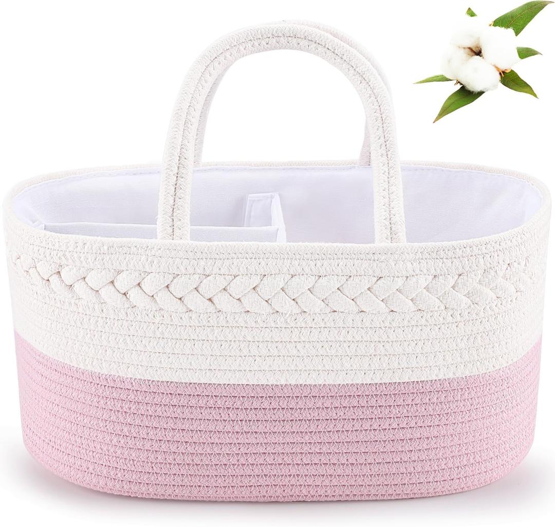 ABenkle Diaper Caddy Organizer - Cotton Rope Nursery Storage Basket for Baby Essentials, Boys & Girls Shower Gift, Changing Table Organizer, Pink (Large)