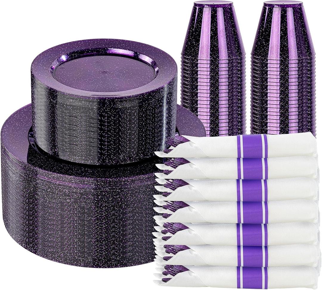 DaYammi 210 Purple Glitter Plastic Dinnerware Set for 30 Guests, Fancy Disposable Plates for Party, Include: 30 Dinner Plates, 30 Dessert Plates, 30 Pre Rolled Napkins with Purple Silverware, 30 Cups